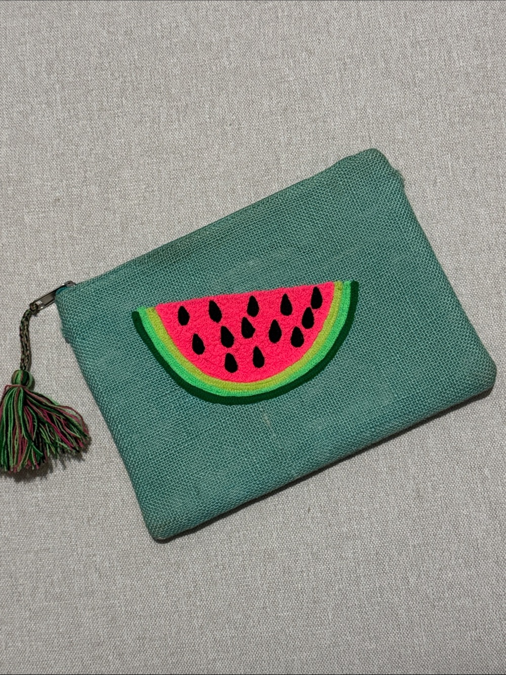 FREE WITH $35 PURCHASE-Woven Jute Clutch-Sea Green-Watermelon Detail-Tassel